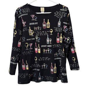 Jess & Jane‎ Shirt Women Size Large Wine Glass Bottles City Artsy Classic